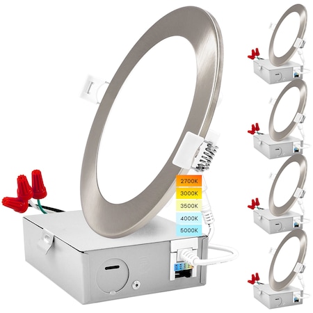 Luxrite 6" Ultra Thin LED Recessed Downlights 5 CCT 2700K-5000K 12W 1000LM Dimmable Brushed Nickel 4-Pack LR23761 LR23777-4PK